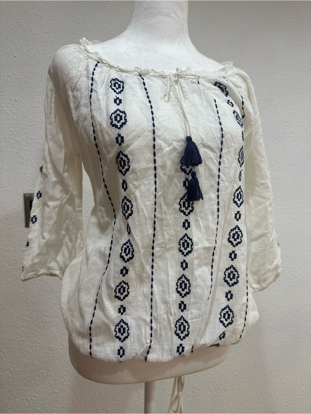 Nine West Ivory Peasant Blouse with Navy Tassels